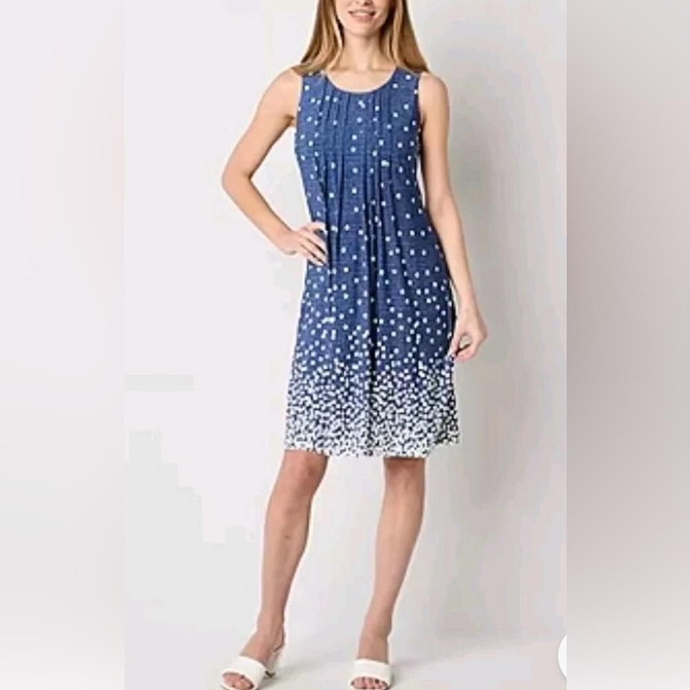 Perceptions Blue White Polka Dot Sleeveless Shift Pleated Dress Size Large